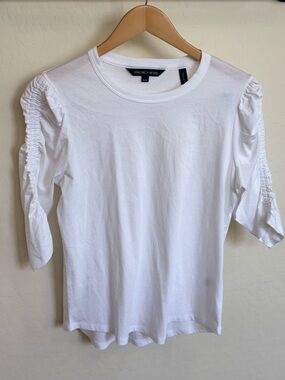 Veronica Beard Waldorf Ruched-Sleeve T-Shirt in White Pima Cotton Size Medium